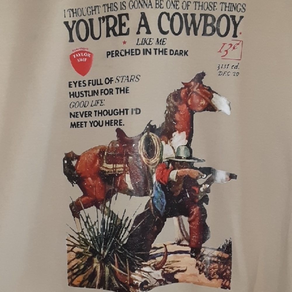 Taylor Swift "Cowboy Like Me" Vintage Styled Crewneck - Sand - M-Women / S-Men - Picture 2 of 8